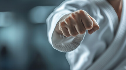 close-up of a martial artist's clenched fist, dressed in a white karate with a black belt