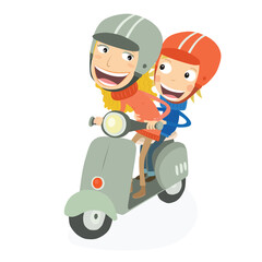 Blonde girl and blonde boy driving a scooter. Vector Illustration.