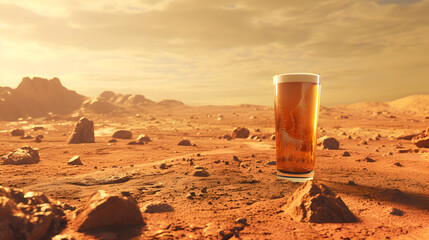 Cinematic wide angle photograph of a beer pint glass in mars. Product photography. Advertising. - obrazy, fototapety, plakaty