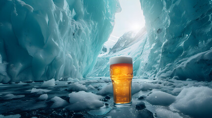 Cinematic wide angle photograph of a beer pint glass in a glacier. Product photography. Advertising. - obrazy, fototapety, plakaty