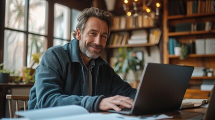 Happy man at his house using his black color laptop, next to him are documents on table. Generative AI.