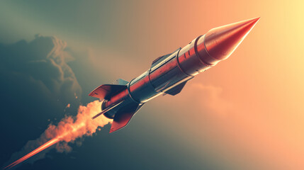 A rocket ascending rapidly with flames trailing.