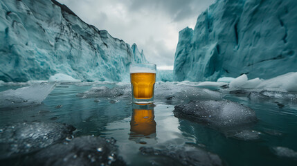 Cinematic wide angle photograph of a beer pint glass in a glacier. Product photography. Advertising. - obrazy, fototapety, plakaty