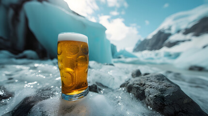 Cinematic wide angle photograph of a beer pint glass in a glacier. Product photography. Advertising. - obrazy, fototapety, plakaty