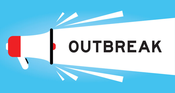 Color megaphone icon with word outbreak in white banner on blue background