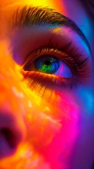 Möbelaufkleber Woman's eye in rainbow light, in the style of neon realism. Album covers. Close up. Rainbowcore.  © VesnAI