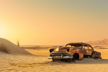 Abandoned vintage car in a desert landscape at sunset.