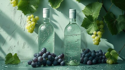 Two bottles of grape tonic on a white-green background, pieces of grapes and vine leaves lie...