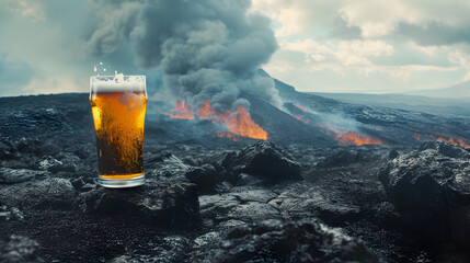 Cinematic wide angle photograph of a beer pint glass in the border of a volcano. Product photography. Advertising. - obrazy, fototapety, plakaty