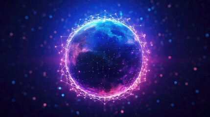 Futuristic globe surrounded by neon nexus lines, portraying the evolution of technology and the interconnected world. Ideal for tech and science concepts