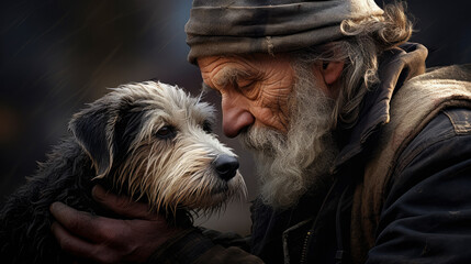 Old man shows the special companionship with his dog. The compassionate connection depicting a poignant tale of loyalty and support