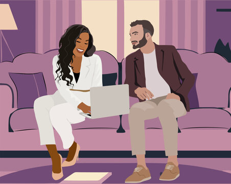 Interracial business couple sitting on the sofa in living room lounge zone. Coworkers talking, working together on laptop. Friends, Colleagues Woman, Man with computer Discussing. Vector illustration.