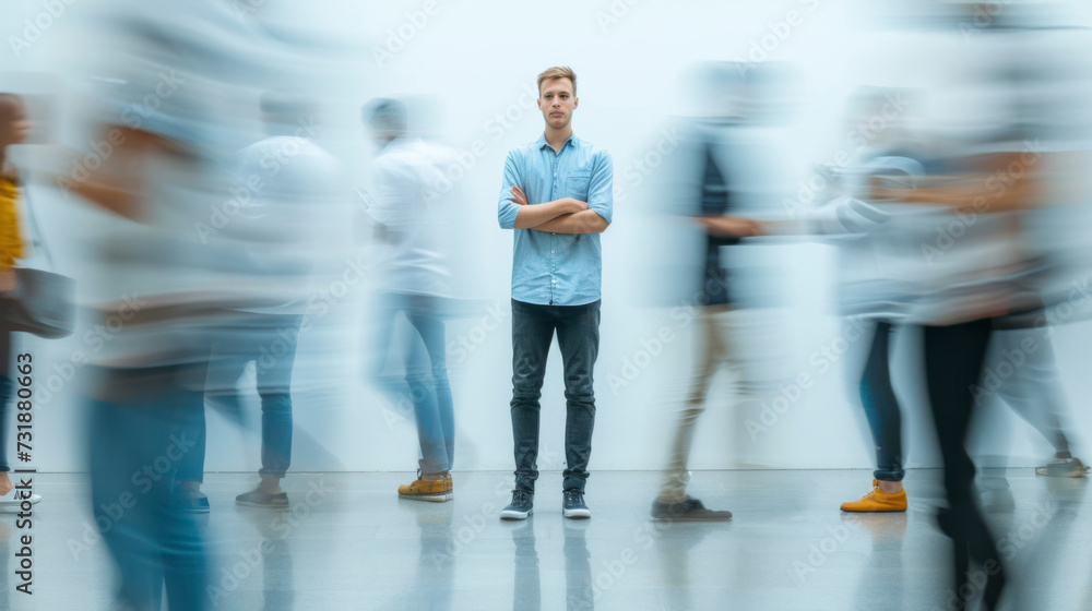 Fototapete a young man stands still using his smartphone amidst a blurred motion of a busy crowd around him.
