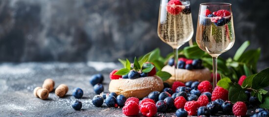 On the table, there are two wine glasses filled with champagne and accompanied by a platter of assorted berries.
