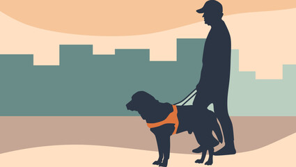 Blind man with a cane, guide dog, flat color illustration - obrazy, fototapety, plakaty
