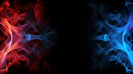 Blue and red fire flames frame on black background. 