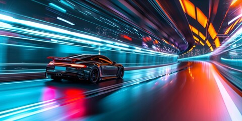 Sports car speeding through an urban bridge at night.