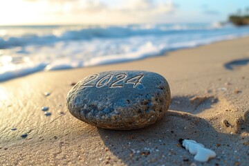 stone in the sand with a numerical text 2024 as new year