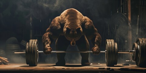 A muscular bear in a gym attempting to lift a heavy barbell.