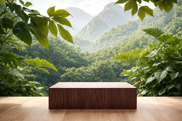 Wooden product display podium with blurred nature leaves background
