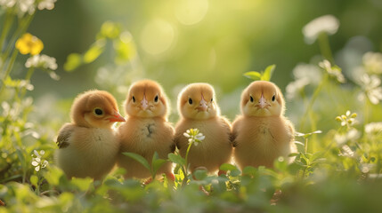 Adorable Easter chicks huddled together in a garden, generative ai