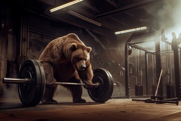 A muscular bear in a gym attempting to lift a heavy barbell. - obrazy, fototapety, plakaty