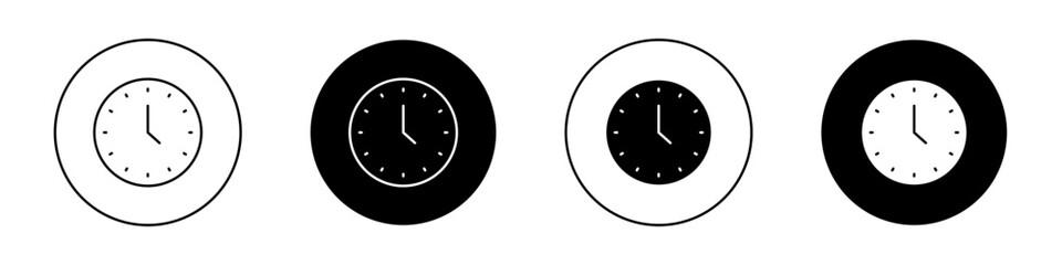 Time Icon Set. Clock alarm schedule vector symbol in a black filled and outlined style. Timekeeper Sign.