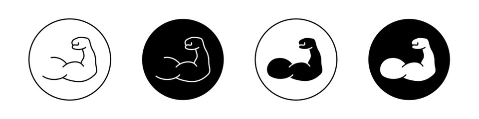 Strong Hand Icon Set. Muscle flex power vector symbol in a black filled and outlined style. Strength Emblem Sign.
