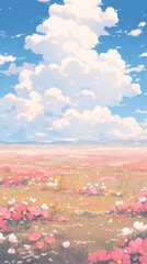 a field of pink wildflowers and a blue sky with clouds. pastel color.