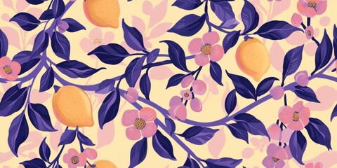 Vibrant hand-painted floral and fruit lemon seamless pattern with colorful blooms flowers and fruits, bright floral background. Botanical wallpaper.