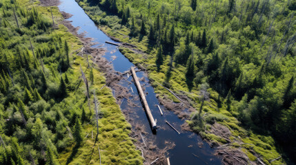 Fototapeta na wymiar Deforestation Impact: Aerial view of a forest with loggers' felled trees obstructing a river flow. Captures the environmental consequences of the timber industry