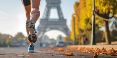 Close up of runner legs with the Eiffel Tower in the background.