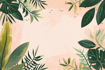 warm pastel pink backdrop adorned with tropical leaves in green hues, framing a soft, textured watercolor space in the center.