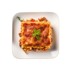 italian lasagna on white plate on transparent isolated background, PNG file