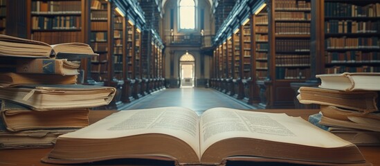 Close up open book in a library room of high school blur background. AI generated image