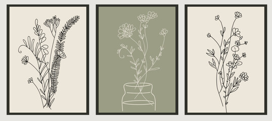 Tiny wild flower bouquets Line Drawing Print Set. Botanical Sage Green Poster. Modern Line Art, Aesthetic Contour. Perfect for Home Decor, packaging, tattoo, logo, jewelry design. Vector illustration.