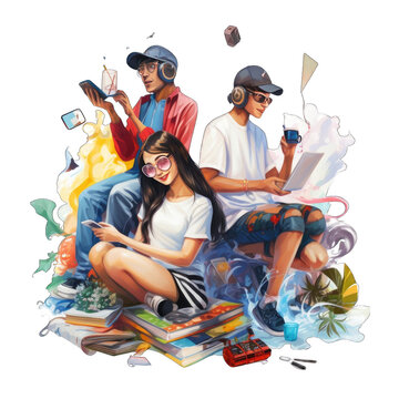 Teenagers with different hobbies png