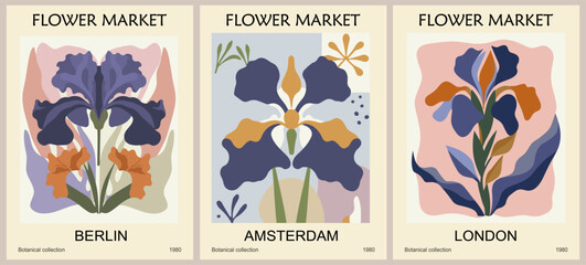 Set of abstract Flower Market posters. Trendy botanical wall art with Iris, February birth month flower in danish pastel colors. Modern naive groovy funky decorations, paintings. Vector illustration.