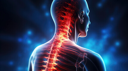 Neck Pain: Glowing illustration of the human spine with pain radiating through nerve endings from spine, merging technology and anatomy for a futuristic healthcare concept. - obrazy, fototapety, plakaty