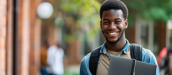 Portrait young african college student holding a laptop in outdoor background. AI generated