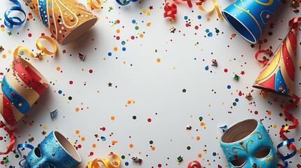 Carnival decoration on a white surface, center is empty, top-down-view. Generative AI.