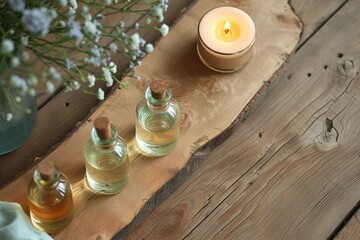 Fototapeta na wymiar Aromatherapy Essentials on Wooden Board