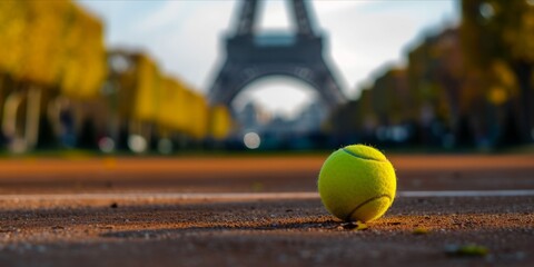 Tennis ball on the ground with the Eiffel Tower in the soft background.