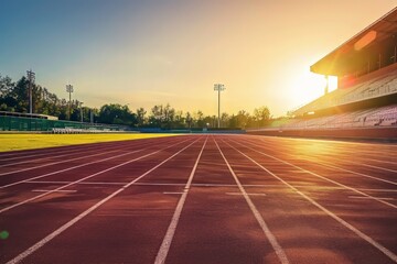 Empty athletics track in a stadium with the sun setting in the background.