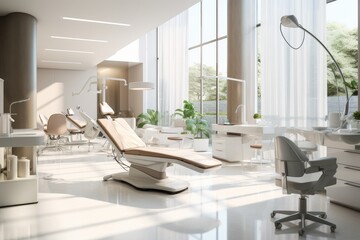 The interior of a modern dental clinic. Dental chair and equipment in the dentist's office in a bright modern clinic. Blurred background.