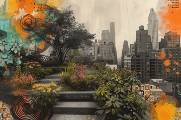 Rooftop Oasis in Urban Jungle Art Collage

