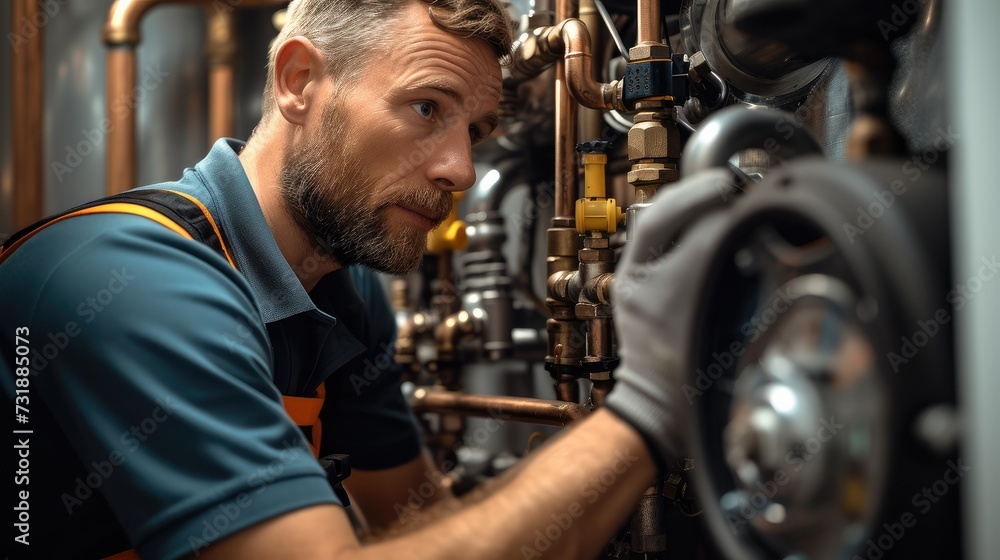 Poster professional plumber checking a boiler and pipes. generative ai.