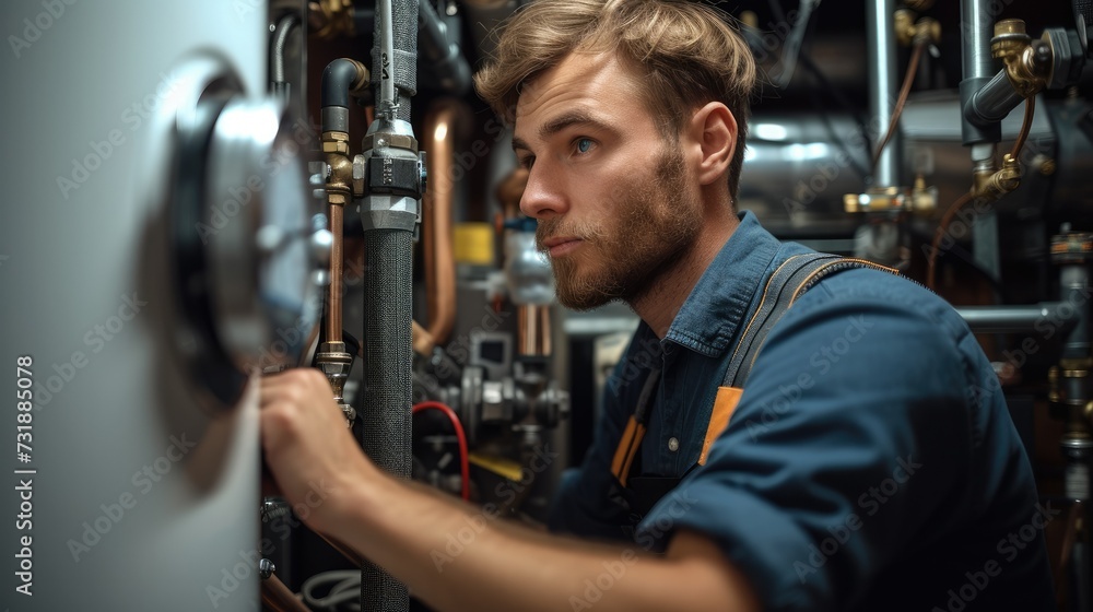 Poster professional plumber checking a boiler and pipes. generative ai.