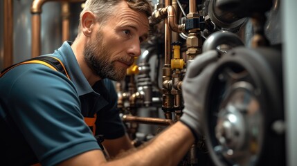 Obraz na płótnie Canvas Professional plumber checking a boiler and pipes. Generative AI.