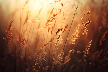 Close up meadow with golden herbal wheat on a blurred background. Clearing with wild grass, ears and wildflowers on sunset. Natural pastoral rural landscape. Sunny summer or autumn nature banner.  - obrazy, fototapety, plakaty
